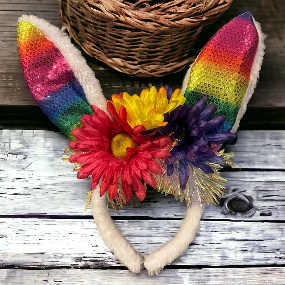 Rainbow Easter Bunny Ears - Rabbit Ears, Handmade Headpiece, Easter Headband